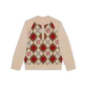 NWT Gucci Kids GG Argyle Wool Jumper Sweaters- Neutrals Size 10
